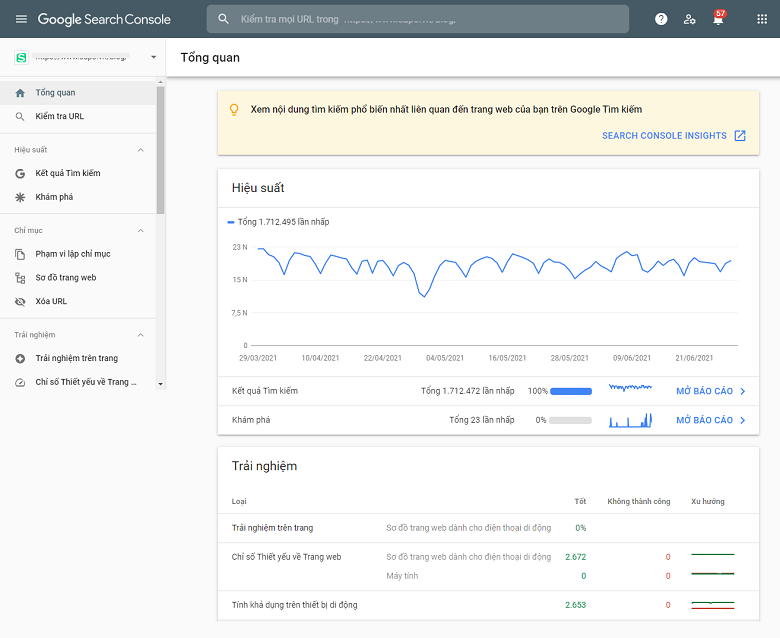 Giao diện công cụ phân tích trang web Google Search Console